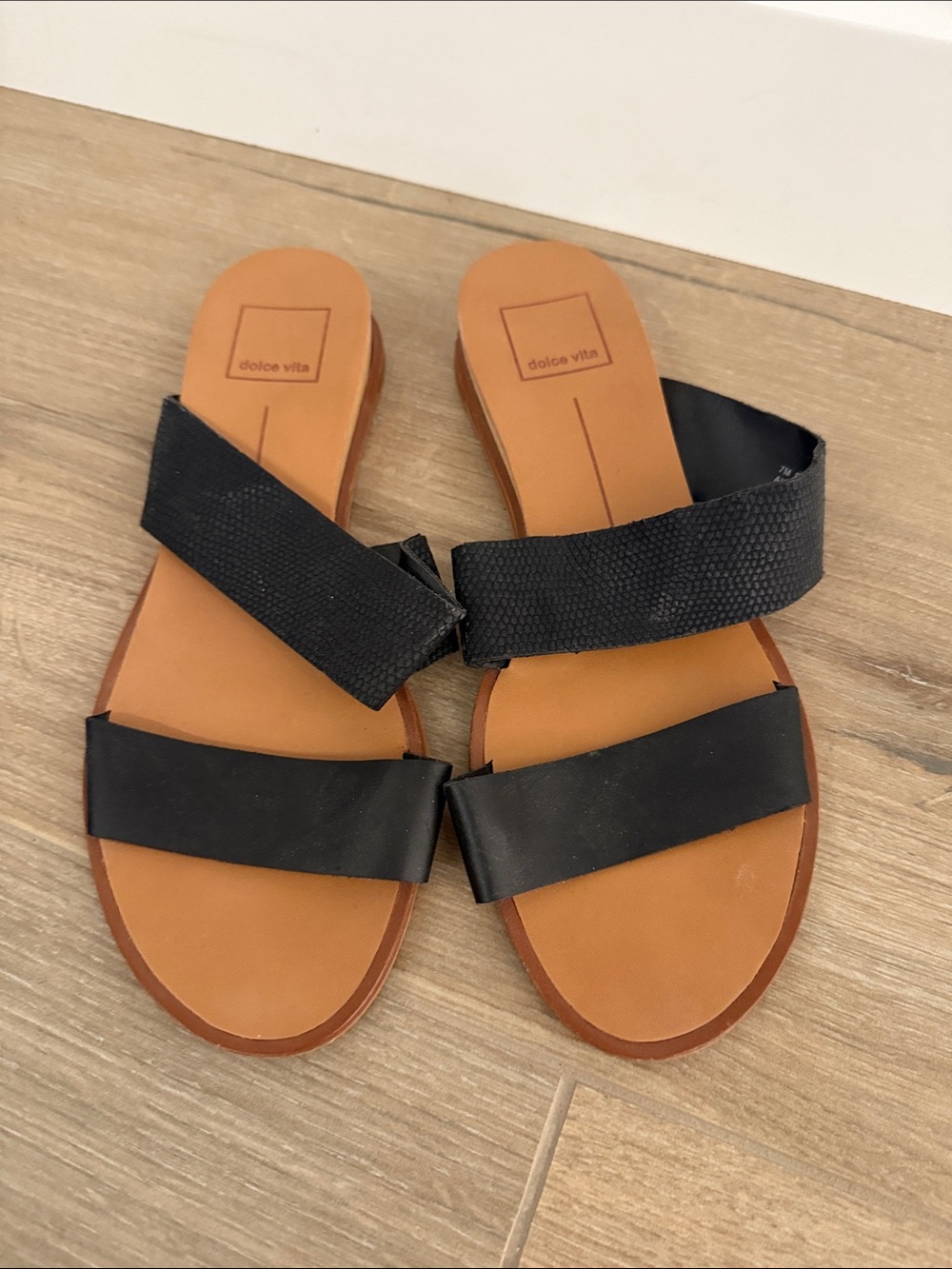 Dolce Vita Black Double-Strap Slide Sandals with Tan Footbed